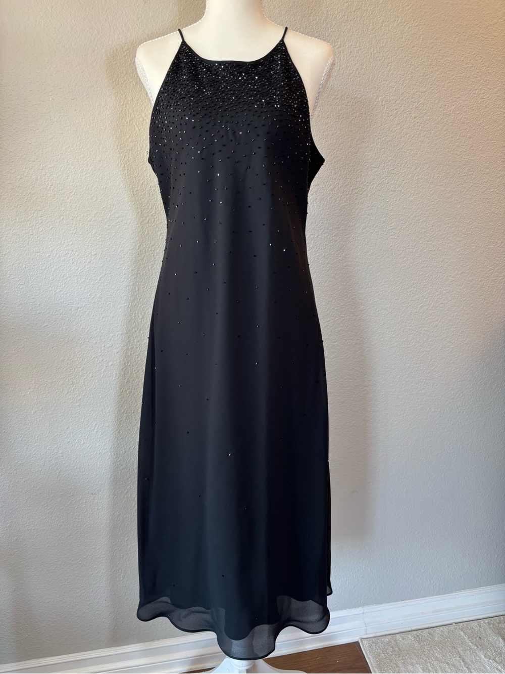 Amanda Smith Black High Neck Beaded Midi Chiffon Dress Size 12 Vintage Cocktail